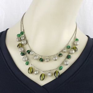 Silver ball and green glass two strand necklace